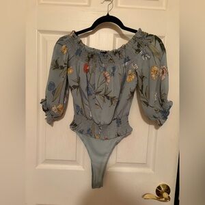 Astr Floral Off-Shoulder Bodysuit in Light Blue with Pink Accents